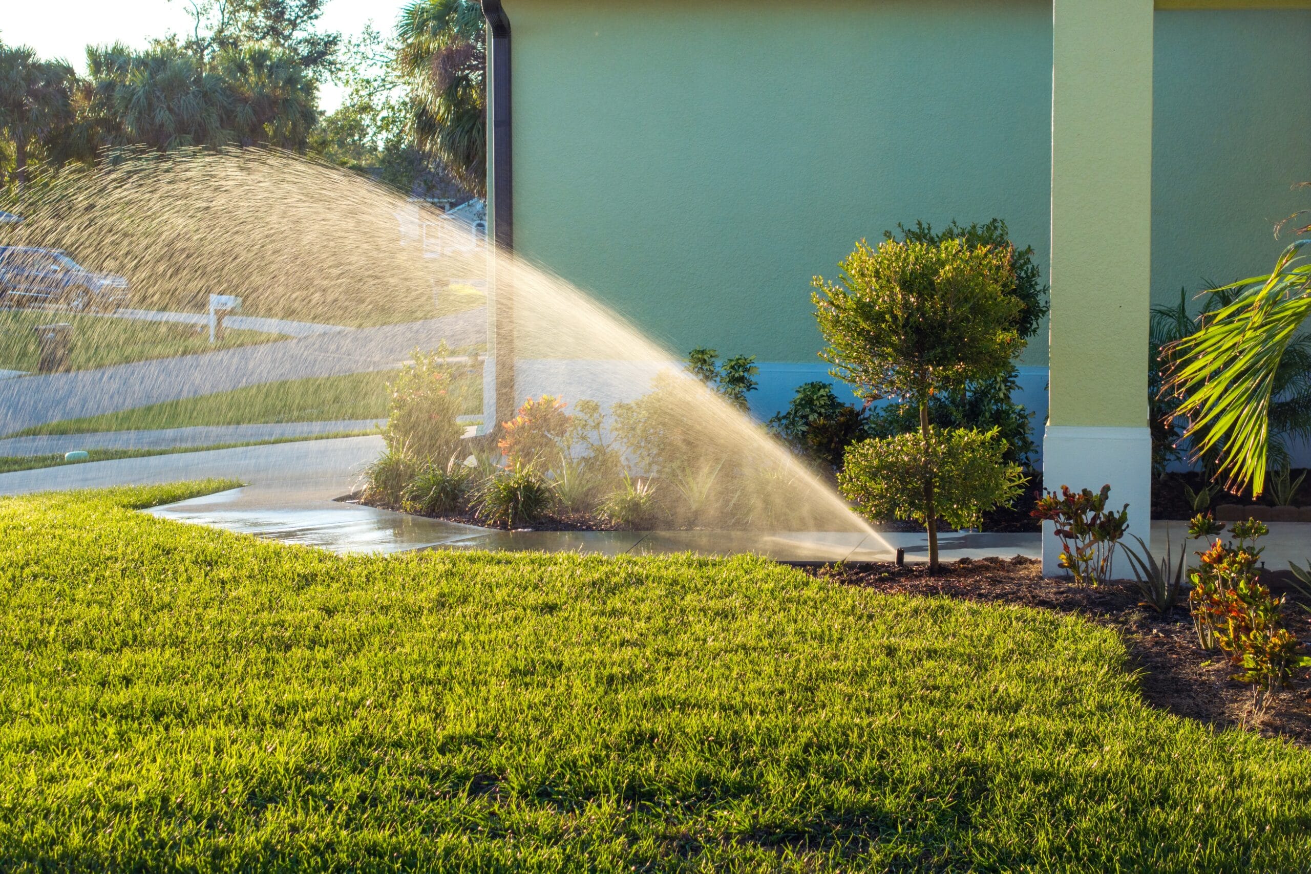 Lawn,Grass,Watering,With,Automated,Sprinkler.,Keeping,Green,Backyard,During